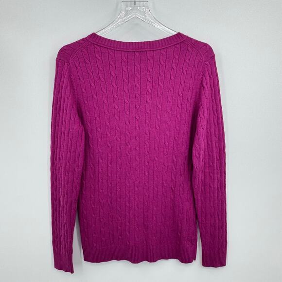 Ann Taylor LOFT sweater L pullover V neck cable knit rabbit hair blend fuchsia - Picture 3 of 7